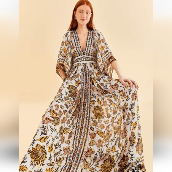 Farm Rio Silver Golden Dots Floral Tiger Tapestry Flare Sleeves Maxi Dress Large - Picture 3 of 11